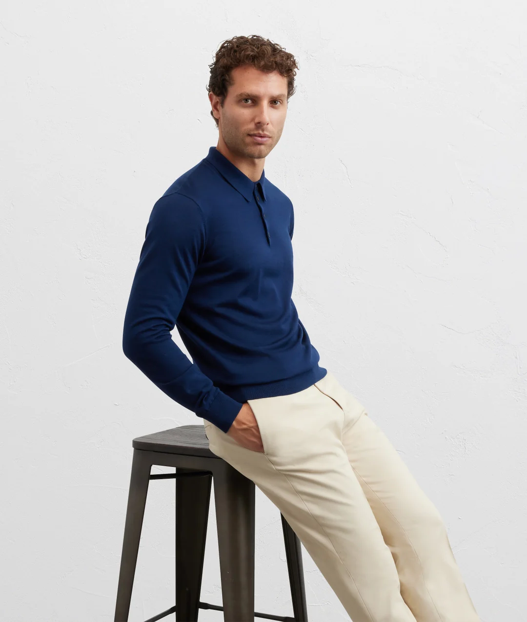 Pal Zileri | Pull polo à manches longues en laine, coupe classique - Bleu marine – Image 4