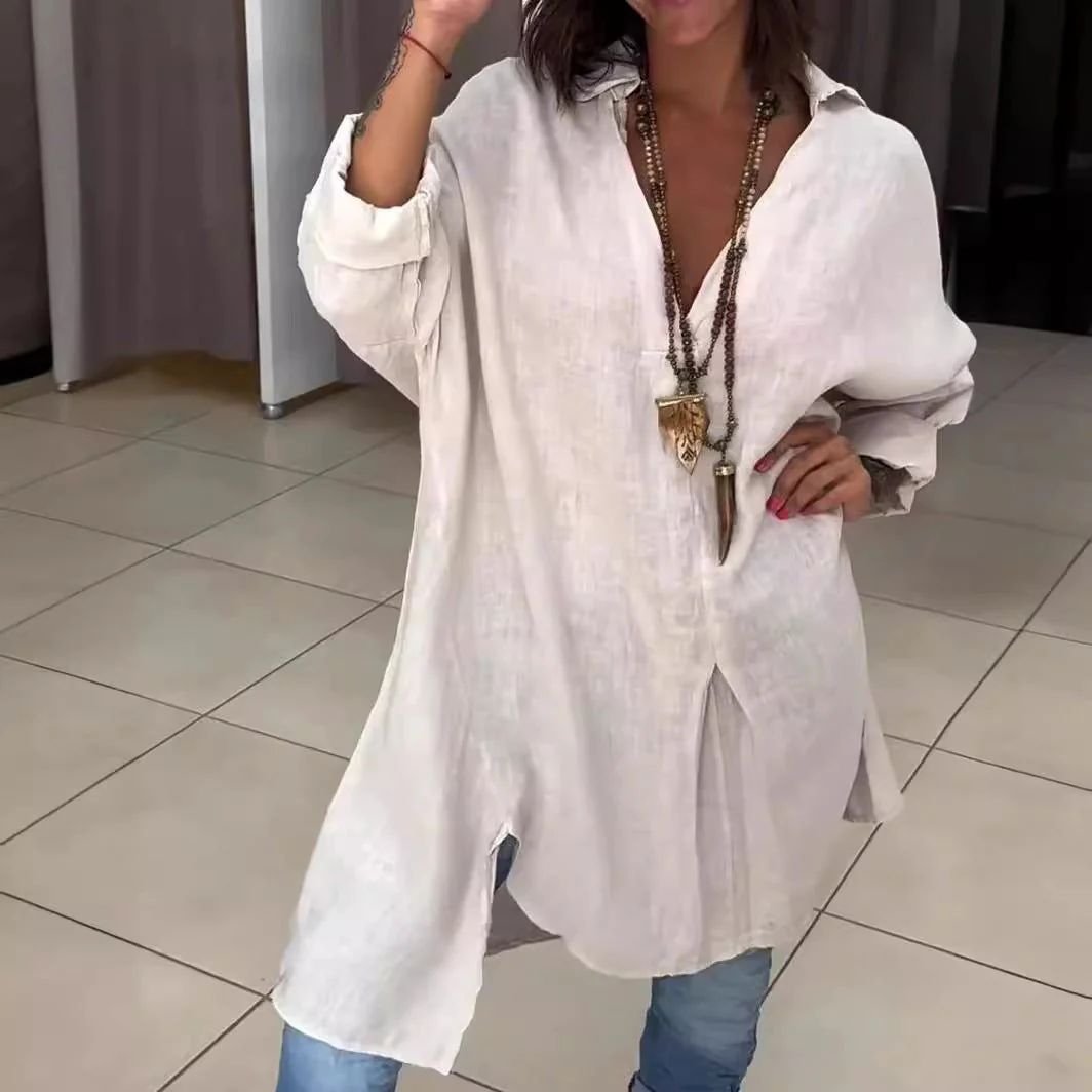 Marine - Chemise décontractée en lin et coton, col V