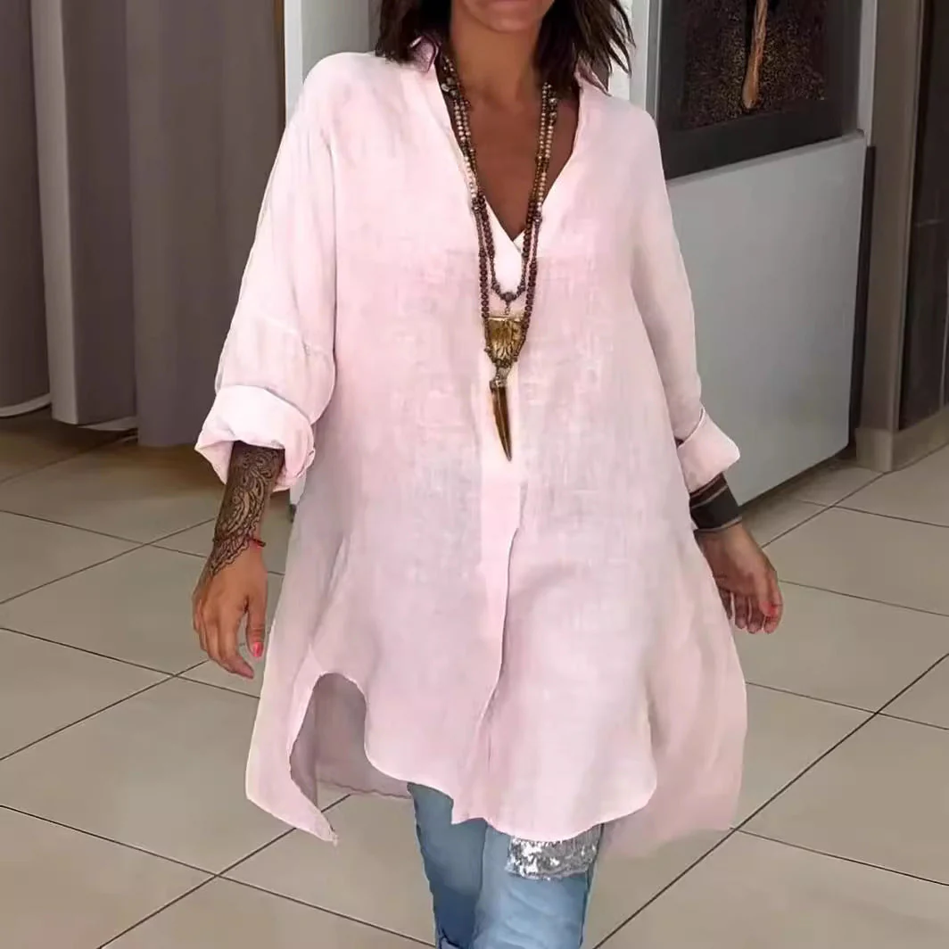 Marine - Chemise décontractée en lin et coton, col V – Image 5