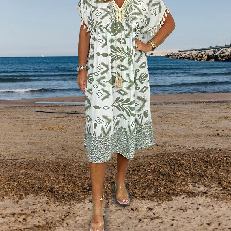 Juline - Robe décontractée imprimée avec décolleté en V et franges sur les manches courtes – Image 3