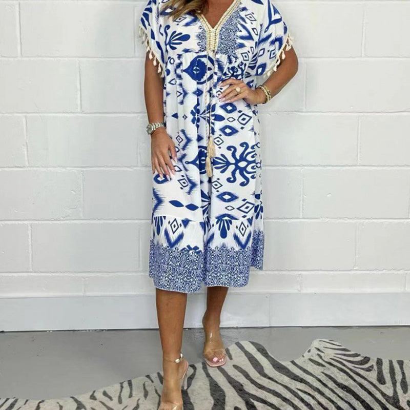 Juline - Robe décontractée imprimée avec décolleté en V et franges sur les manches courtes – Image 5