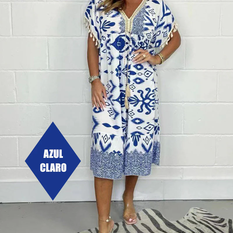 Juline - Robe décontractée imprimée avec décolleté en V et franges sur les manches courtes – Image 9