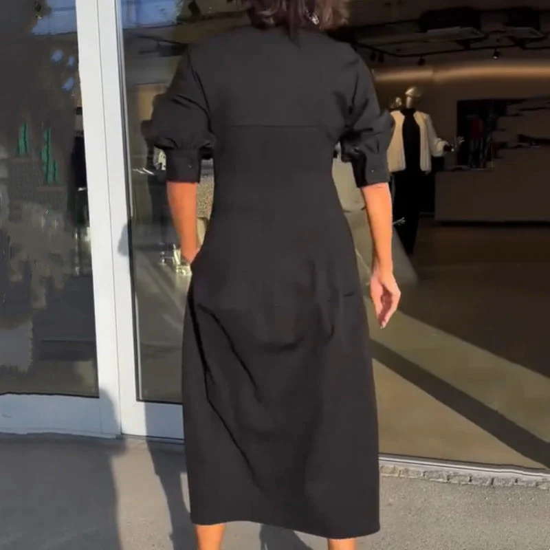 Stéphanie - Robe Midi Élégante à Revers et Col V – Image 3